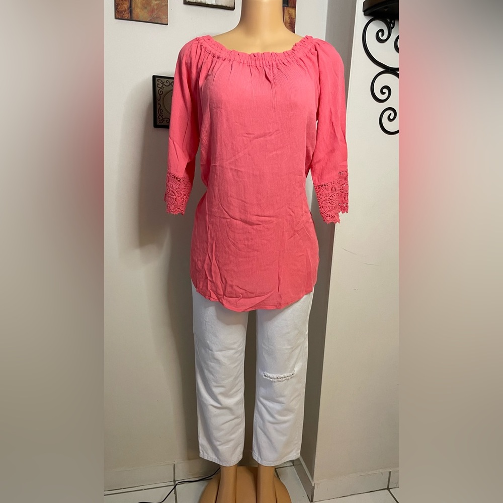 EUC ORANGE SOLID WOVEN OFF THE SHOULDER TOP SIZE M